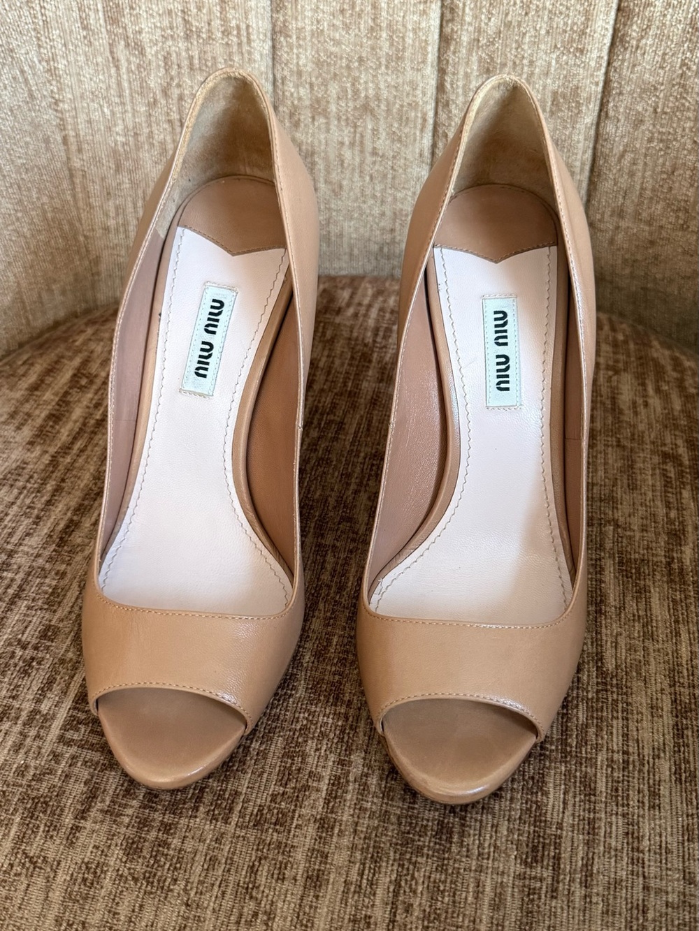 Miu Miu Beige Peep-Toe Leather Pumps